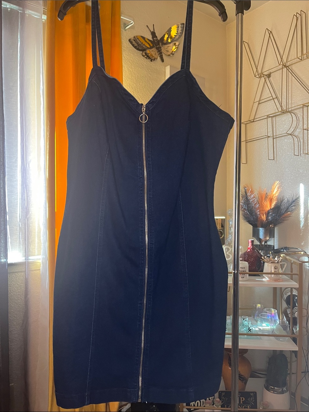 Jean Zip-Front Spaghetti Strap Mini Dress
